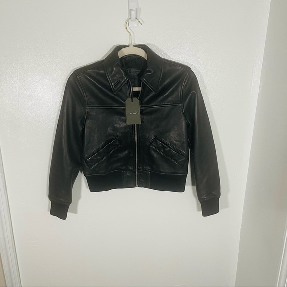 NEW All Saints Pascao Leather Bomber Jacket Black Bikercore Club Retro Outerwear - Picture 10 of 13